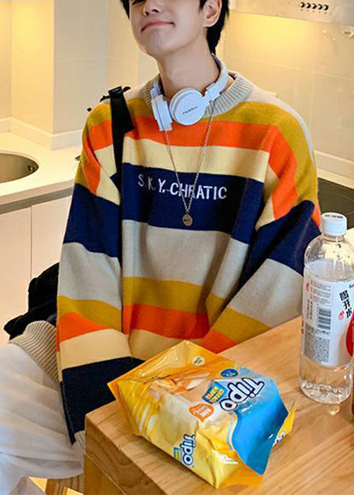 Stylish Navy Striped Embroideried Knit Men Sweater Fall QH030 MENSW241019