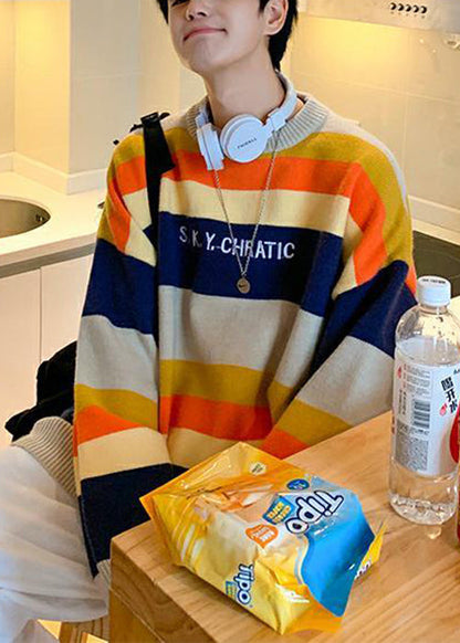 Stylish Navy Striped Embroideried Knit Men Sweater Fall QH030 MENSW241019