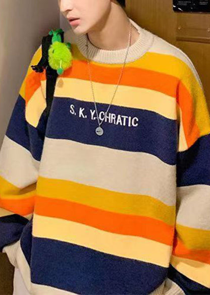 Stylish Navy Striped Embroideried Knit Men Sweater Fall QH030 MENSW241019