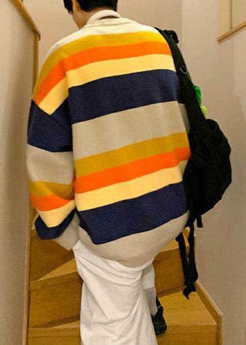 Stylish Navy Striped Embroideried Knit Men Sweater Fall QH030 MENSW241019