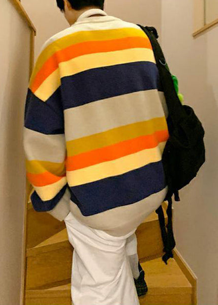 Stylish Navy Striped Embroideried Knit Men Sweater Fall QH030 MENSW241019