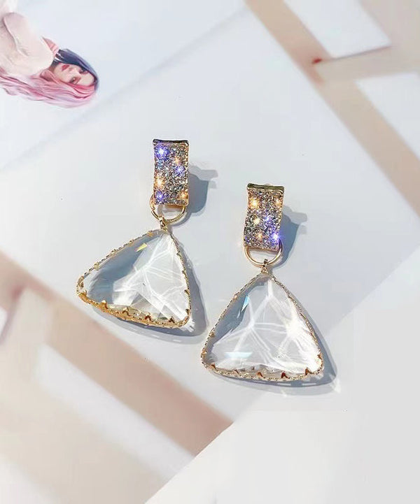 Stylish Nude Sterling Silver Ovetgild Inlaid Zircon Triangle Crystal Drop Earrings GH1081