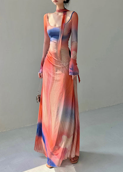 Stylish O Neck Print Slim Fit Tulle Long Dresses Fall AL1069 Genistyle Shop