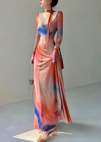 Stylish O Neck Print Slim Fit Tulle Long Dresses Fall AL1069 Genistyle Shop