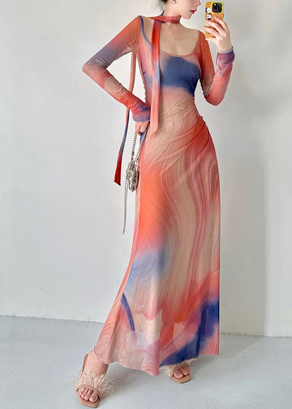 Stylish O Neck Print Slim Fit Tulle Long Dresses Fall AL1069 Genistyle Shop
