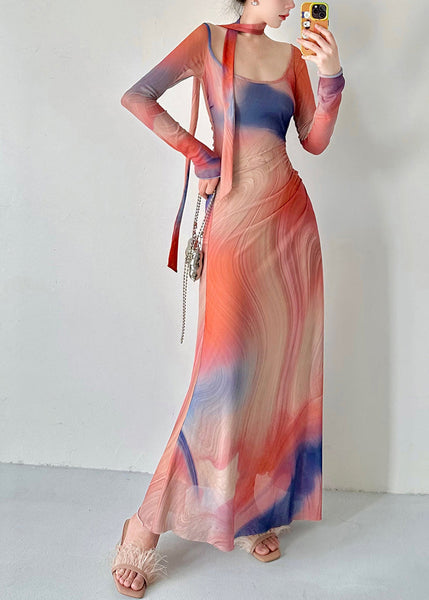 Stylish O Neck Print Slim Fit Tulle Long Dresses Fall AL1069 Genistyle Shop