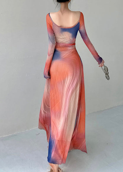 Stylish O Neck Print Slim Fit Tulle Long Dresses Fall AL1069 Genistyle Shop