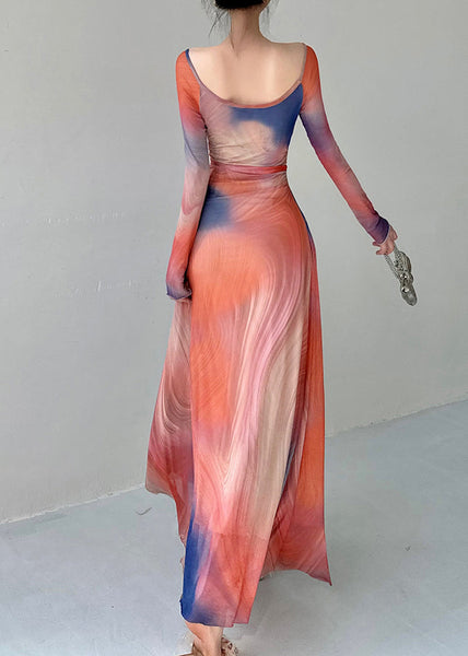 Stylish O Neck Print Slim Fit Tulle Long Dresses Fall AL1069 Genistyle Shop