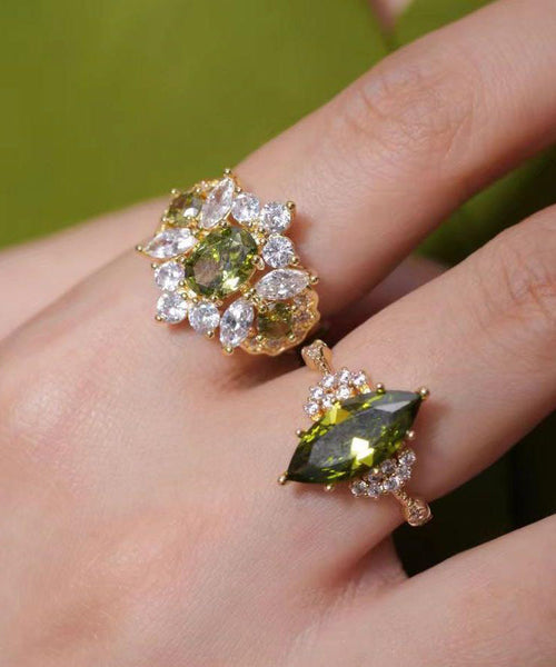 Stylish Stone Olive Rings Zircon Gem Green Copper Alloy Open FashionChic