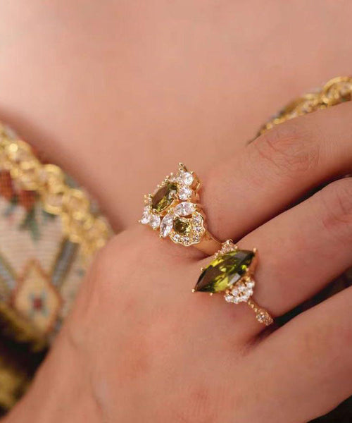 Stylish Stone Olive Rings Zircon Gem Green Copper Alloy Open FashionChic