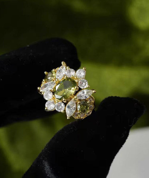 Stylish Stone Olive Rings Zircon Gem Green Copper Alloy Open FashionChic