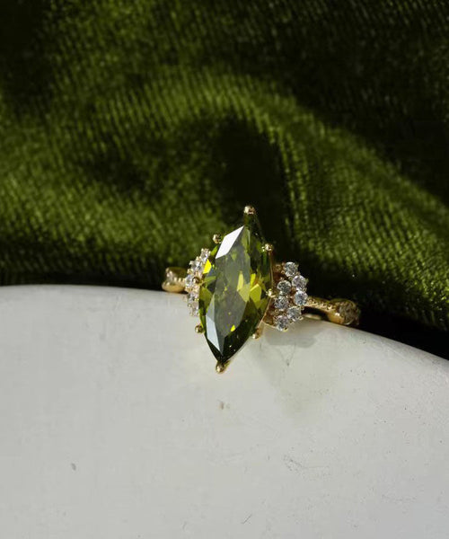 Stylish Stone Olive Rings Zircon Gem Green Copper Alloy Open FashionChic