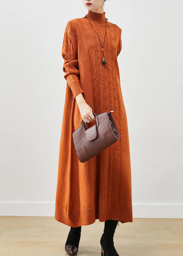 Stylish Orange Oversized Cable Knit Ankle Dress Spring Ada Fashion