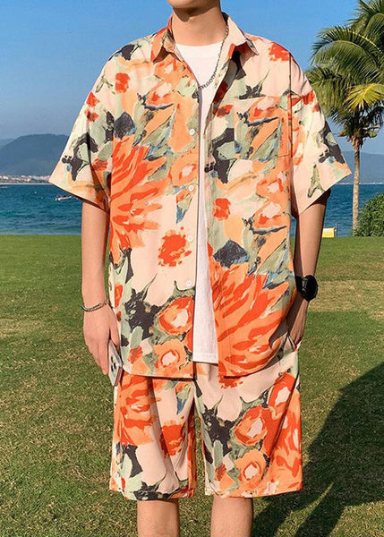 Stylish Orange Peter Pan Collar Print Ice Silk Mens Sets 2 Pieces Short Sleeve HG043 Men-Silk-MENTS240725