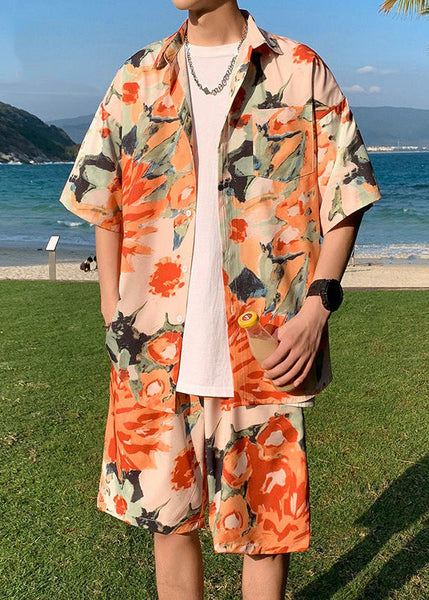 Stylish Orange Peter Pan Collar Print Ice Silk Mens Sets 2 Pieces Short Sleeve HG043 Men-Silk-MENTS240725