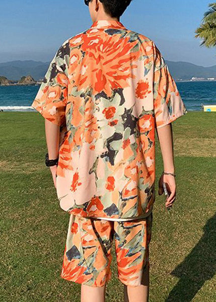 Stylish Orange Peter Pan Collar Print Ice Silk Mens Sets 2 Pieces Short Sleeve HG043 Men-Silk-MENTS240725