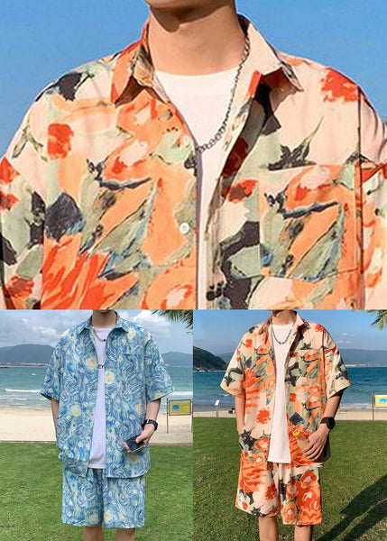 Stylish Orange Peter Pan Collar Print Ice Silk Mens Sets 2 Pieces Short Sleeve HG043 Men-Silk-MENTS240725