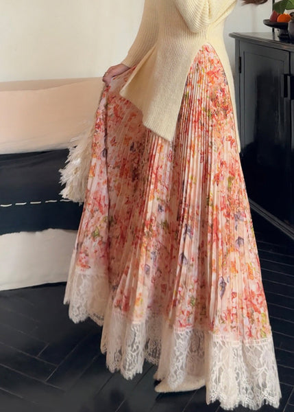 Summer Patchwork Chiffon Pleated Skirt Orange Stylish Lace Print FashionChic