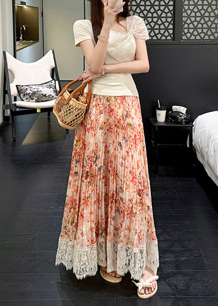 Summer Patchwork Chiffon Pleated Skirt Orange Stylish Lace Print FashionChic