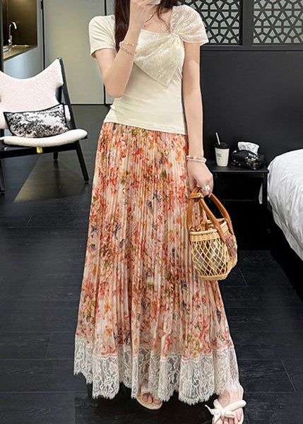 Summer Patchwork Chiffon Pleated Skirt Orange Stylish Lace Print FashionChic