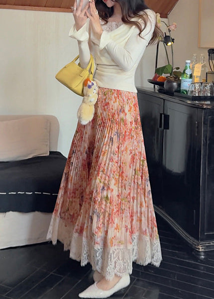 Summer Patchwork Chiffon Pleated Skirt Orange Stylish Lace Print FashionChic