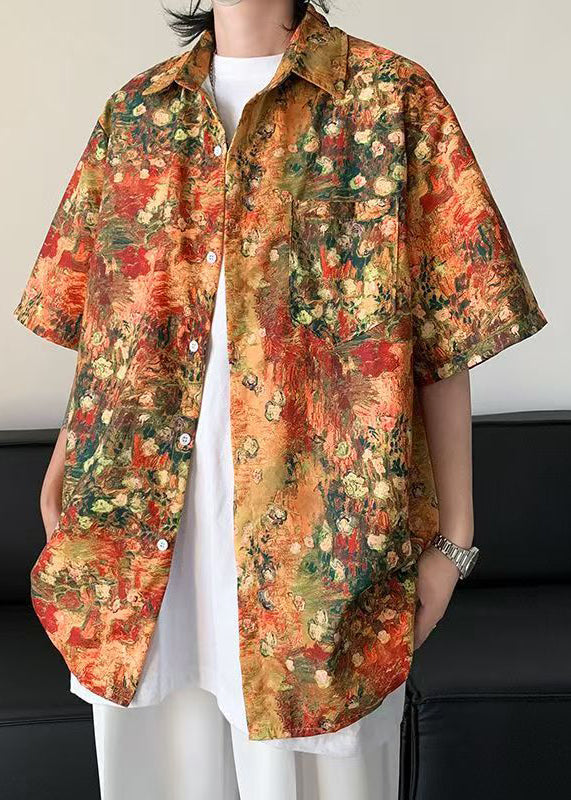 Orange Half Mens Sleeve Shirts Pockets Print Silk Stylish Ice FashionChic