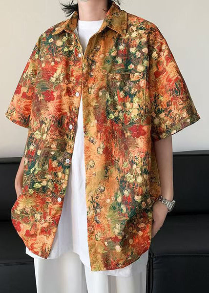 Orange Half Mens Sleeve Shirts Pockets Print Silk Stylish Ice FashionChic