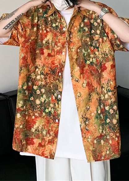 Orange Half Mens Sleeve Shirts Pockets Print Silk Stylish Ice FashionChic