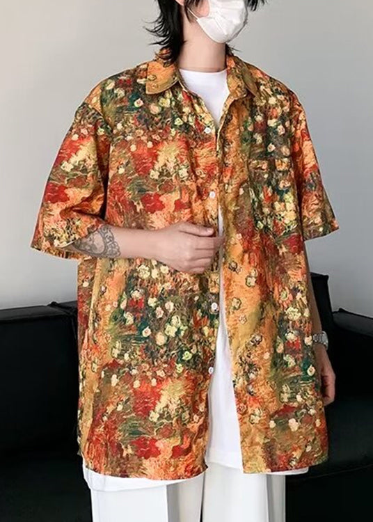 Orange Half Mens Sleeve Shirts Pockets Print Silk Stylish Ice FashionChic