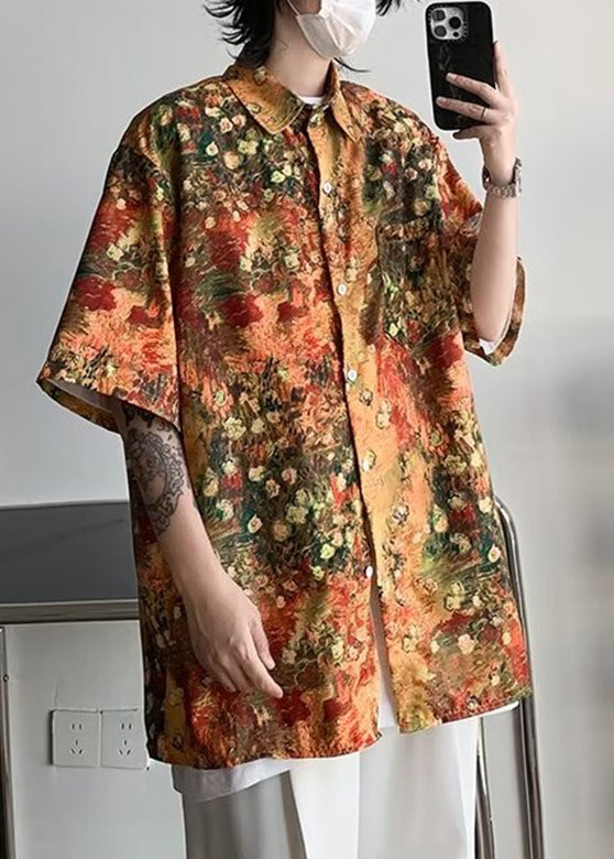 Orange Half Mens Sleeve Shirts Pockets Print Silk Stylish Ice FashionChic