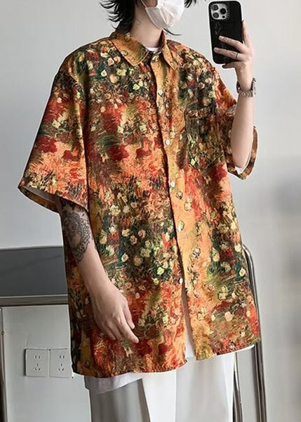 Orange Half Mens Sleeve Shirts Pockets Print Silk Stylish Ice FashionChic