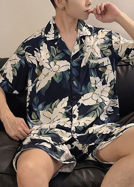 Stylish Peter Pan Collar Print Ice Silk Mens Pajamas Two Piece Set Short Sleeve HG049 Men-Silk-MENTS240725