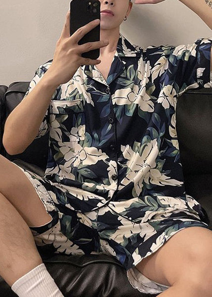 Stylish Peter Pan Collar Print Ice Silk Mens Pajamas Two Piece Set Short Sleeve HG049 Men-Silk-MENTS240725