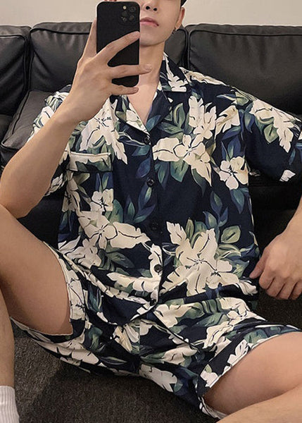 Stylish Peter Pan Collar Print Ice Silk Mens Pajamas Two Piece Set Short Sleeve HG049 Men-Silk-MENTS240725