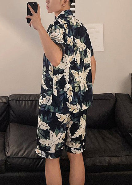 Stylish Peter Pan Collar Print Ice Silk Mens Pajamas Two Piece Set Short Sleeve HG049 Men-Silk-MENTS240725