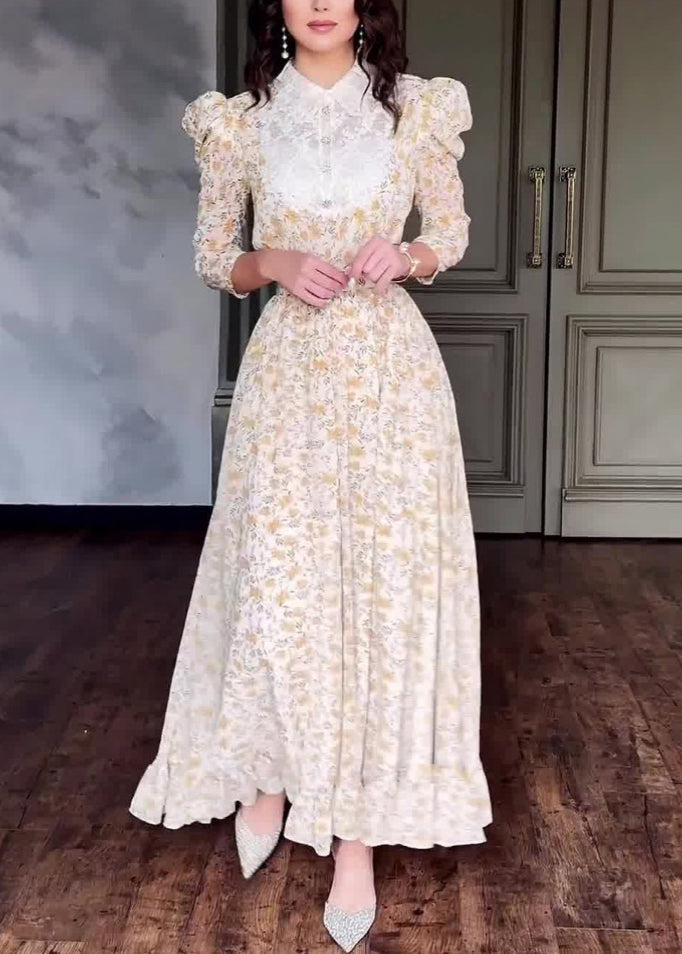 Stylish Peter Pan Collar Print Patchwork Cotton Long Dress Fall QL029 OM-ZS241023