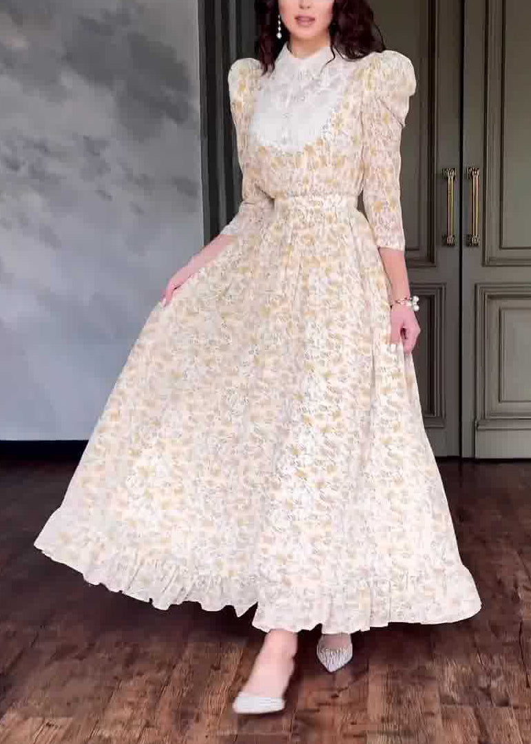 Stylish Peter Pan Collar Print Patchwork Cotton Long Dress Fall QL029 OM-ZS241023