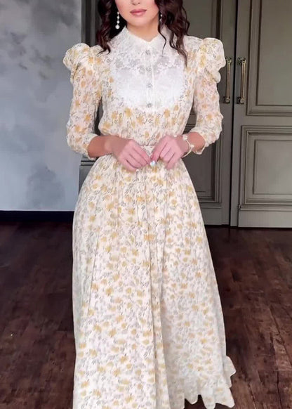 Stylish Peter Pan Collar Print Patchwork Cotton Long Dress Fall QL029 OM-ZS241023