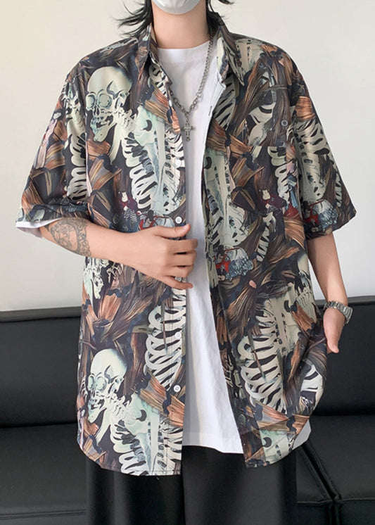 Pan Mens Shirts Stylish Collar Pockets Half Peter Cotton Print FashionChic