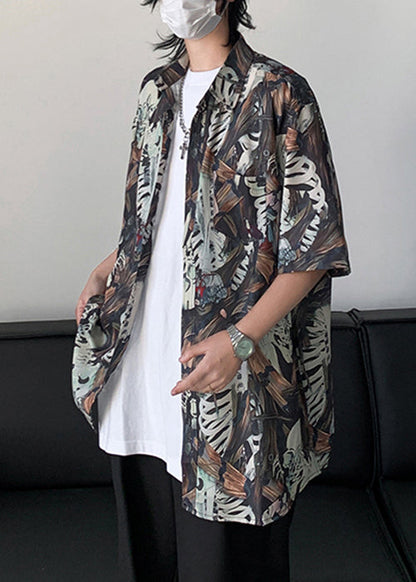 Pan Mens Shirts Stylish Collar Pockets Half Peter Cotton Print FashionChic