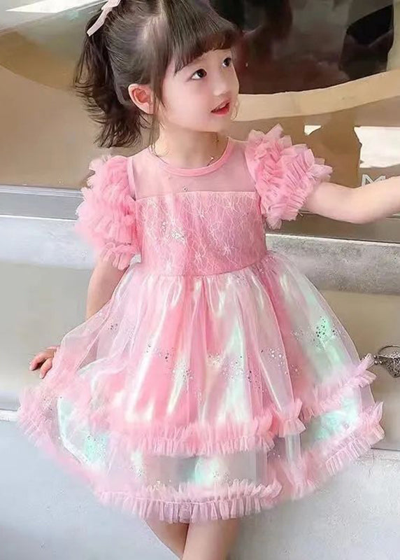 Stylish Pink Floral Sequins Flattering Tulle Girls Long Dresses Short Sleeve EW021 WS-JRTZSDL240810