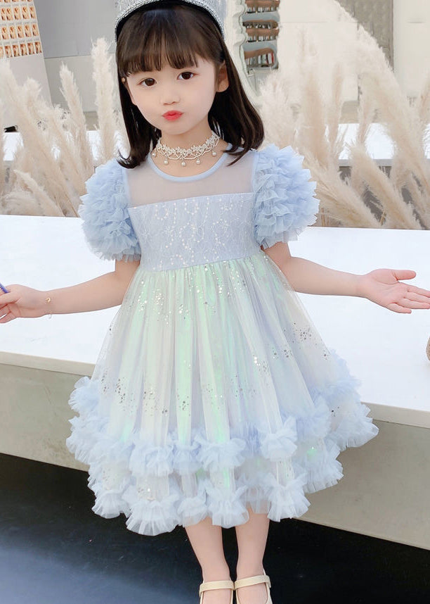 Stylish Pink Floral Sequins Flattering Tulle Girls Long Dresses Short Sleeve EW021 WS-JRTZSDL240810