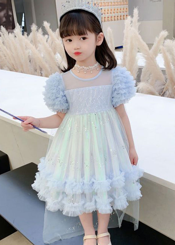 Stylish Pink Floral Sequins Flattering Tulle Girls Long Dresses Short Sleeve EW021 WS-JRTZSDL240810