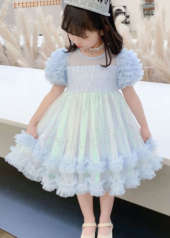 Stylish Pink Floral Sequins Flattering Tulle Girls Long Dresses Short Sleeve EW021 WS-JRTZSDL240810