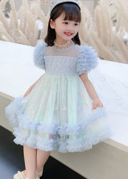 Stylish Pink Floral Sequins Flattering Tulle Girls Long Dresses Short Sleeve EW021 WS-JRTZSDL240810