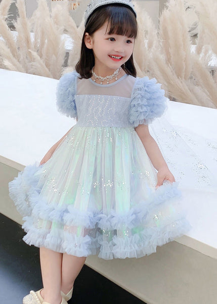 Stylish Pink Floral Sequins Flattering Tulle Girls Long Dresses Short Sleeve EW021 WS-JRTZSDL240810