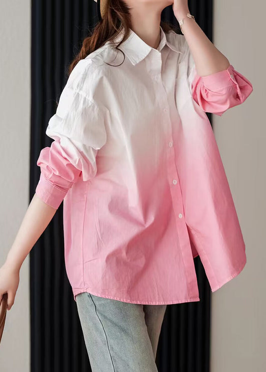 Stylish Pink Gradient Peter Pan Collar Cotton Blouse Top Spring TI032