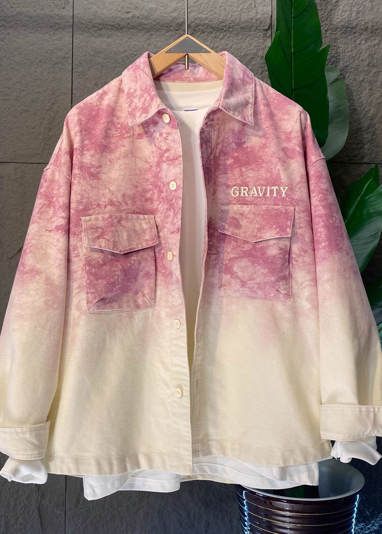 Stylish Pink Gradient Tie Dye Denim Men's Shirts Fall RO002 ABC