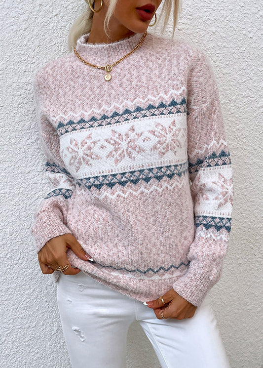 Stylish Pink Half Hign Neck Jacquard Thick Knit Sweaters Fall QY014 BB-ZS-WM-NTP241002