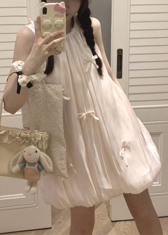 Cotton Dress Mid Bow Stylish Sleeveless Lace Pink Up FashionChic